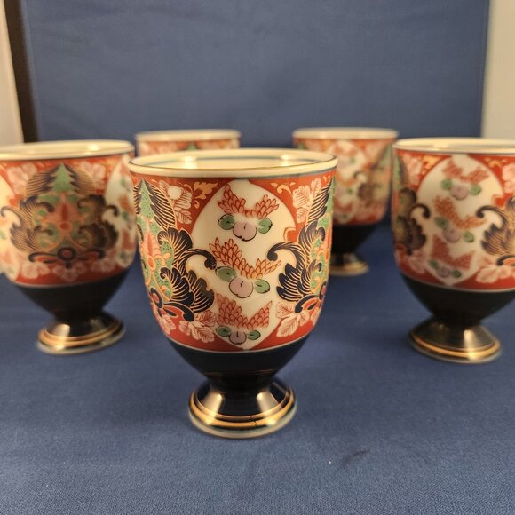 Arita Japanese Teacups Footed Yunomi Cobalt Blue Gold Trim Tea Cups Set 5 Imari - Picture 3 of 10